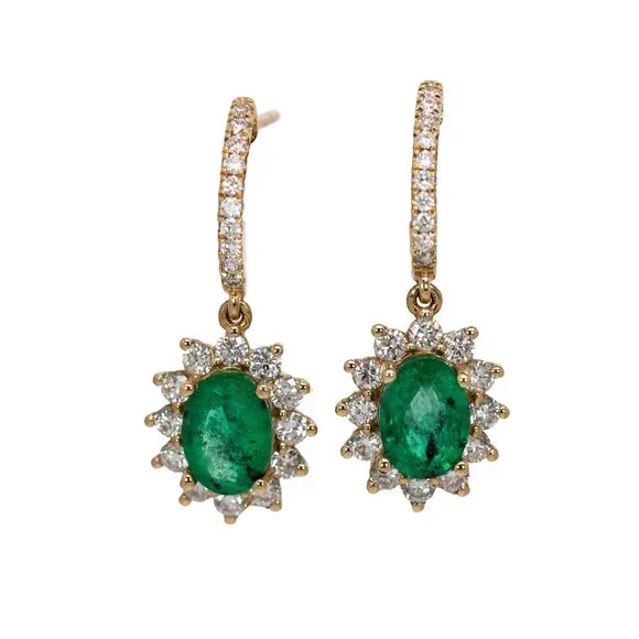 Zambian Emerald Earrings with Natural Diamonds in Solid 14K Gold - Picture 1 of 7